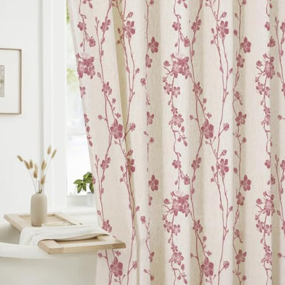 Gibelle Pink Farmhouse Linen Shower Curtain, Boho Floral Fabric, 72 x 72