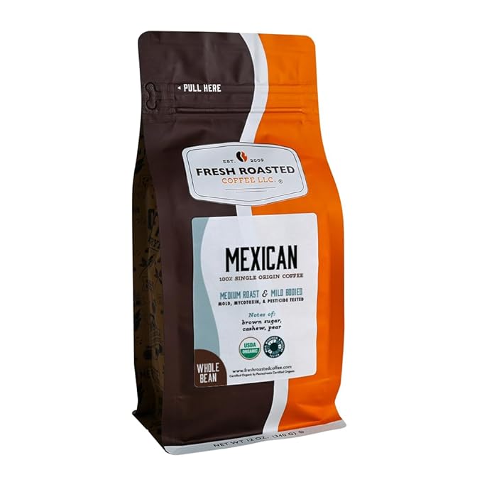 Fresh Roasted Coffee, Organic Mexican Whole Bean Coffee, Medium Roast, USDA Organic, 3rd Party Tested for Mold, Mycotoxin & Pesticides, Kosher, 12 oz