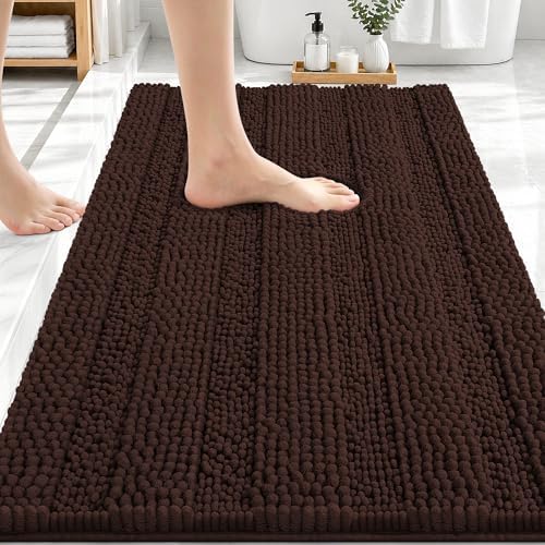 OLANLY Thick Bathroom Rugs 30x20, Soft Chenille Striped Bath Rugs, Brown
