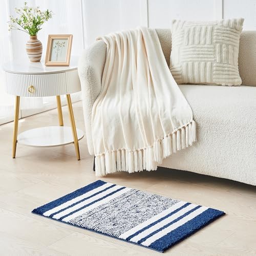 CozeCube Navy Blue Striped 24"x16" Non Slip Washable Bath Mat