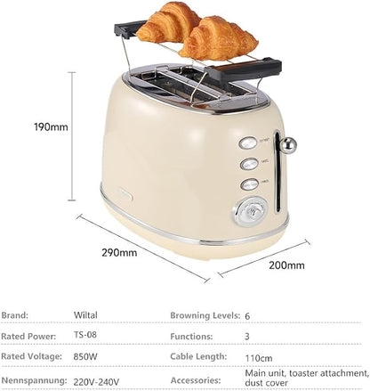 Wiltal Toaster Retro 2 Slice, Vintage White Toaster with Lid, with Bread Attachment, Preheat, Defrost And Cancel Functions, 6 Browning Levels (Beige)