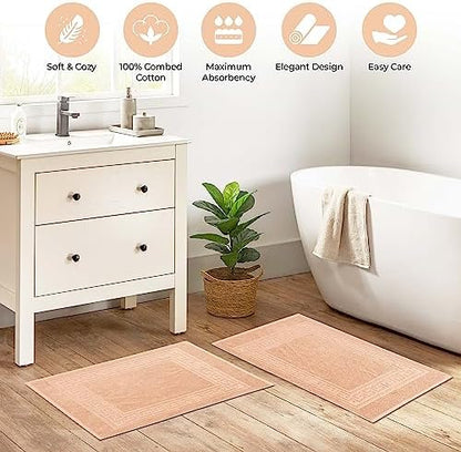 Superior Heavyweight Cotton Bath Mats, Bath Rugs For Bathroom Accessories, Washable Rug For Shower, Bath, Toilet, Modern Decor, No Backing, Luxury Hotel And Spa Quality, Set of 2, 22" x 35", Peach