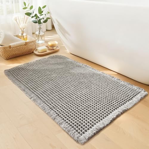 Waffle Bath Mat, Boho Bathroom Rugs Non Slip Washable, 24" x 36"