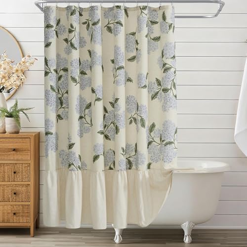 ORTIGIA Linen Textured Ruffle Shower Curtain with Metal Hooks, Vintage Blue Floral Hydrangea Boho Waterproof Bath Curtain for Rustic Farmhouse Bathroom Decor 72x72 Inch