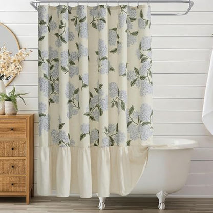 ORTIGIA Linen Textured Ruffle Shower Curtain with Metal Hooks, Vintage Blue Floral Hydrangea Boho Waterproof Bath Curtain for Rustic Farmhouse Bathroom Decor 72x72 Inch