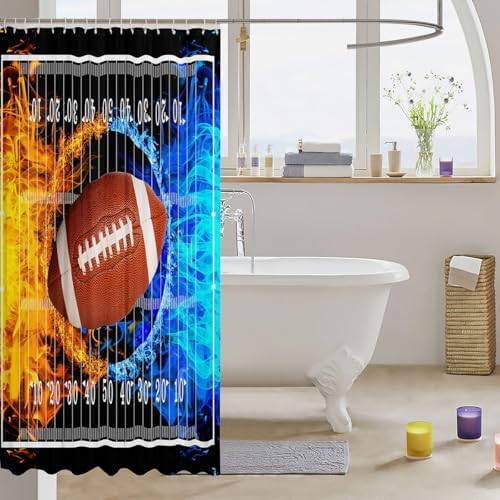 jejeloiu Football Bath Curtain Boys Girls 72"x84" Shower Curtain for Kids Women Men Waterproof Ice Fire Kids Bathroom Accessories