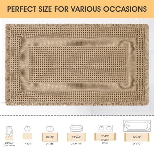 Upgrade Waffle Bath Mat, Boho Bathroom Rugs Absorbent Non Slip, Ultra Soft Bathroom Mat, Machine Washable Knit Bath Rugs with Tassels for Bathroom, Bedroom, Kitchen, Shower, Tub, Beige, 32"x20"