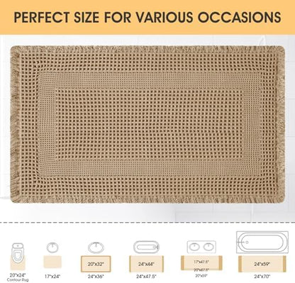 Upgrade Waffle Bath Mat, Boho Bathroom Rugs Absorbent Non Slip, Ultra Soft Bathroom Mat, Machine Washable Knit Bath Rugs with Tassels for Bathroom, Bedroom, Kitchen, Shower, Tub, Beige, 32"x20"