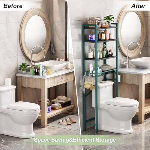 Kalrin Over-The-Toilet Storage Rack, 4-Tier Bathroom Organizer Shelf Over Toilet with Adjustable Shelf and Basket, Freestanding Space Saver Bathroom Shelves Above Toilet for Room (Green- Black)