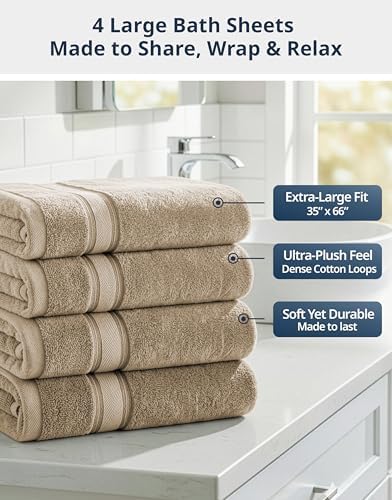 LANE LINEN Bath Sheet Set Soft Absorbent Quick Dry 100% Cotton - Taupe