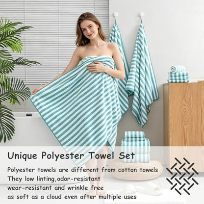 4 Pcs Turquoise Large Stripe Bath Sheets 35"x70" Extra Large Bath Towels Oversized Cabana Stripe Jumbo Towels for Bathroom Soft Highly Absorbent Quick Dry Beach Chair Towels for Hotel and Spa