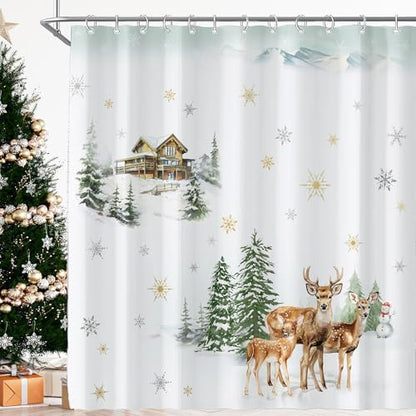 Christmas Winter Forest Shower Curtain for Bathroom 72W*72H Inch Snowman Deer Snowflake Rustic Xmas Pine Tree Farmhouse Country Holiday Decorations Bathtub Decor Waterproof Polyester Fabric Set