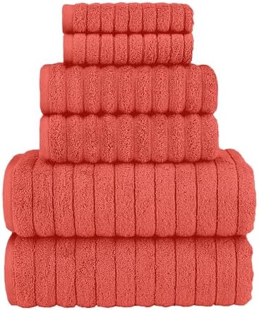 Elegant Comfort 100% Turkish Cotton Corduroy Ribbed Luxury Bath Towels 6-Piece Set, Premium Feel - Quick Dry, Highly Absorbent, Contains 2 Bath Towels, 2 Hand Towels, and 2 Washcloths, Coral