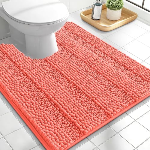 OLANLY Thick Toilet Rugs U-Shaped 24x20, Soft Chenille Bath Mat, Coral