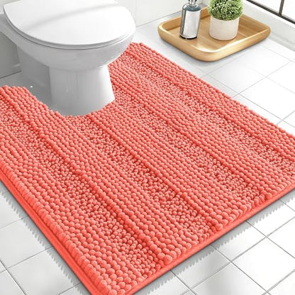 OLANLY Thick Toilet Rugs U-Shaped 24x20, Soft Chenille Bath Mat, Coral