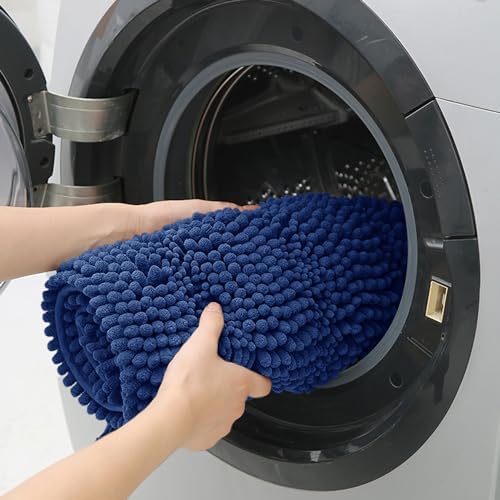 ACCUMTEK Striped Denim Blue Toilet Bathroom Rug Mat 24" x 20" Contour Rug Ultra Soft, Non Slip Chenille Bath Rugs, Absorbent Plush Shaggy Bath Mats for Bathroom, Bedroom, Kitchen, Shower, Tub