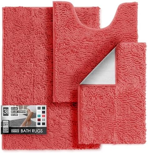 Hearth & Harbor Bathroom Rugs, Chenille Bath Mat - Machine Washable Bath Mats for Bathroom Non-Slip Backing Rubber, Quick Dry Mat - Rose Bath Rug, 17x24-26x44-20x24
