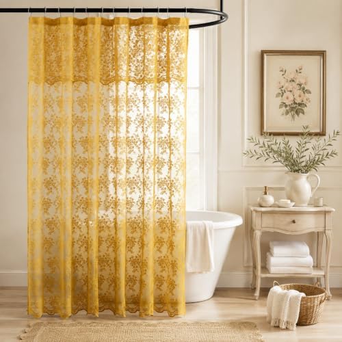 Mustard Yellow Lace Shower Curtain for Bathroom with Valance, 72 X 72 Inch
