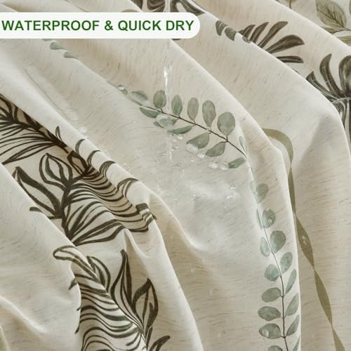 ORTIGIA Linen Striped Shower Curtain 72x84 Inch Extra Long with Metal Hooks,Sage Green Leaf Botanical Waterproof Natural Linen Bath Curtain for Rustic Farmhouse Bathroom Decor