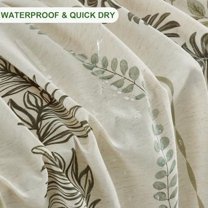 ORTIGIA Linen Striped Shower Curtain 72x84 Inch Extra Long with Metal Hooks,Sage Green Leaf Botanical Waterproof Natural Linen Bath Curtain for Rustic Farmhouse Bathroom Decor