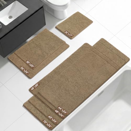 Bcoimo Bath Rug Mat,48x24 Chenille Non Slip Tan Long Bathroom Runner Rugs