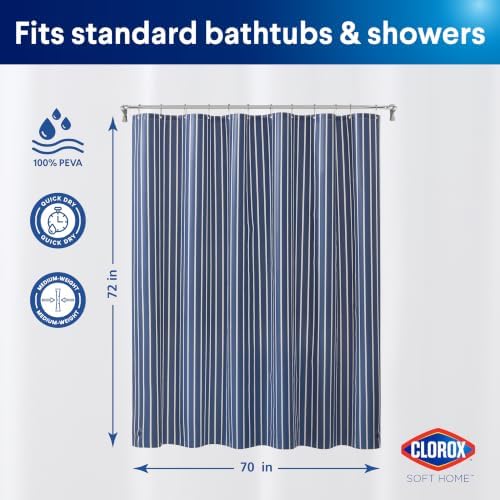 Clorox Shower Curtain Liner, Premium Striped Medium-Weight Durable Waterproof 6g PEVA for Bathroom with Weighted Magnets, Printed Standard Size 72" x 72", Navy