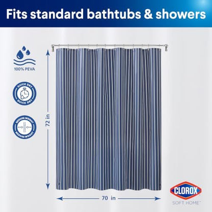Clorox Shower Curtain Liner, Premium Striped Medium-Weight Durable Waterproof 6g PEVA for Bathroom with Weighted Magnets, Printed Standard Size 72" x 72", Navy