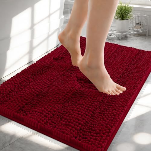 OLANLY Thick Small Bathroom Rugs 24x16, Soft Chenille Bath Rugs, Red