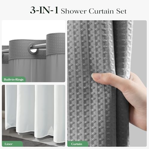Dynamene Grey Hook Free Waffle Shower Curtain & Snap-in Fabric Liner,72x75