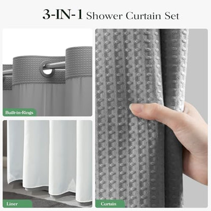Dynamene Grey Hook Free Waffle Shower Curtain & Snap-in Fabric Liner,72x87
