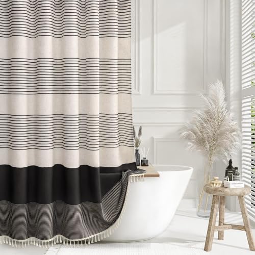 Black Boho Linen Striped Shower Curtain with Tassel 72" W X 72" L