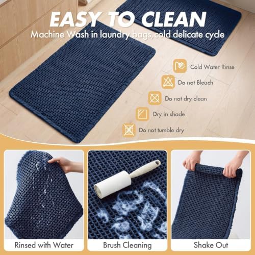 MIULEE Set of 2 Waffle Bathroom Rugs Navy Blue Bath Mat 17"x24"+18"x30"