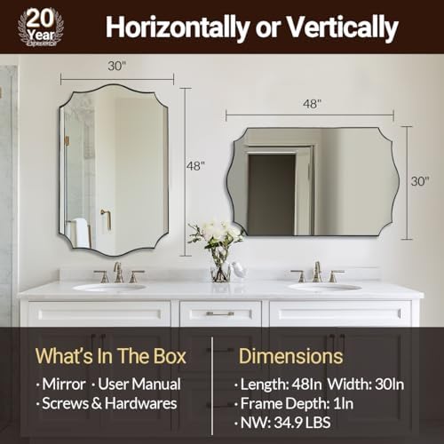 ANDY STAR 30x48 Inch Large Bathroom Mirror, Brushed Nickel Asymmetrical Mirror, Modern Rectangle Mirror with Unique Wavy Design, Premium Stainless Steel Metal, Wall-Mounted Vertically/Horizontally