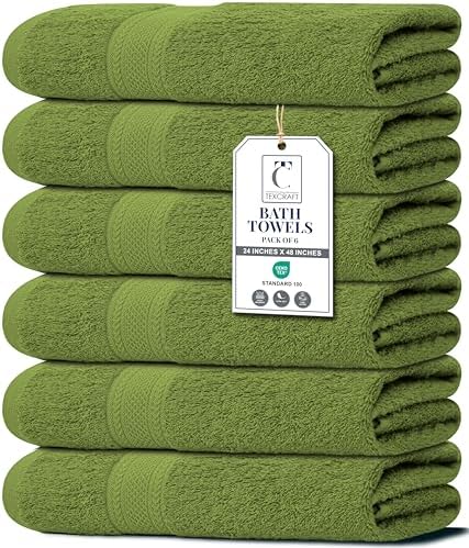 Large Bath Towels Set of 6 – 100% Cotton Terry – 24" x 50" – Quick Dry, Soft & Highly Absorbent – Forest Green Towels for Bathroom, Gym, Spa, Pool & Daily Use