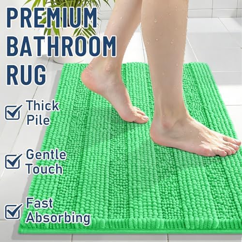 Grandaily Chenille Striped Bathroom Rugs 36x24, Extra Thick and Soft Absorbent Bath Mats, Rubber Backing, Plush Shaggy Shower Carpet, Machine Wash Dry, Bath Rug for Bathroom, Mint Green