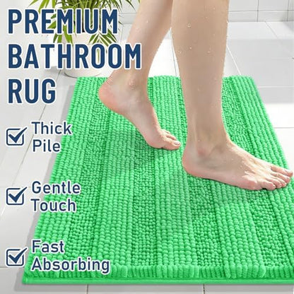 Grandaily Chenille Striped Bathroom Rugs 30x20, Extra Thick and Soft Absorbent Bath Mats, Rubber Backing, Plush Shaggy Shower Carpet, Machine Wash Dry, Bath Rug for Bathroom, Mint Green