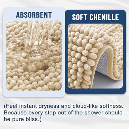 Grandaily Chenille Striped Bathroom Rugs 47x32, Extra Thick and Soft Absorbent Bath Mats, Rubber Backing, Plush Shaggy Shower Carpet, Machine Wash Dry, Bath Rug for Bathroom, Light Beige