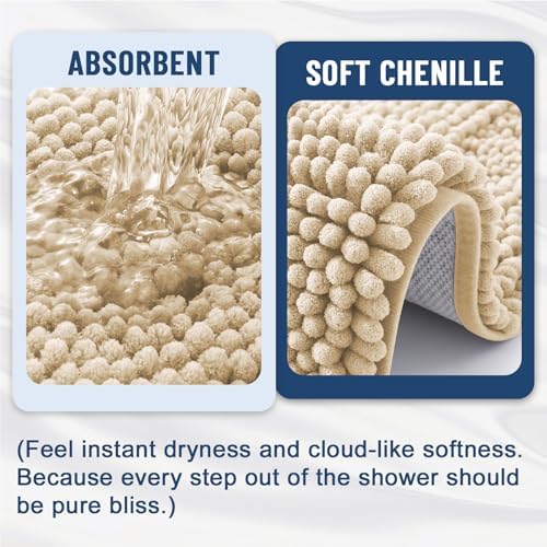 Grandaily Chenille Striped Bathroom Rugs 70x24, Extra Thick and Soft Absorbent Bath Mats, Rubber Backing, Plush Shaggy Shower Carpet, Machine Wash Dry, Bath Rug for Bathroom, Light Beige