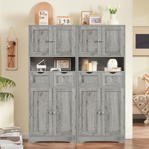 Iwell Tall Storage Cabinet with Adjustable Shelf, Bathroom Cabinet with 2 Drawers, Linen Cabinet for Living Room, Grey