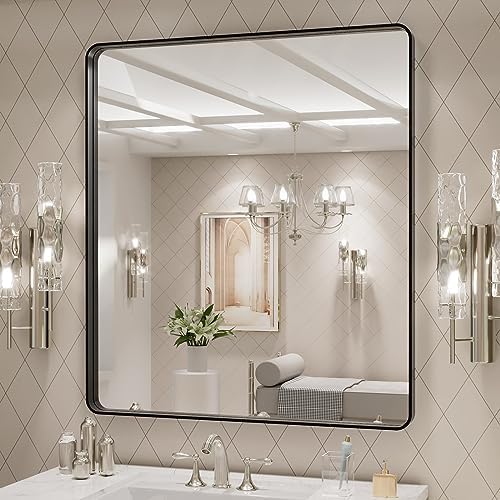 LOAAO 32x36 Inch Black Bathroom Mirror Metal Framed