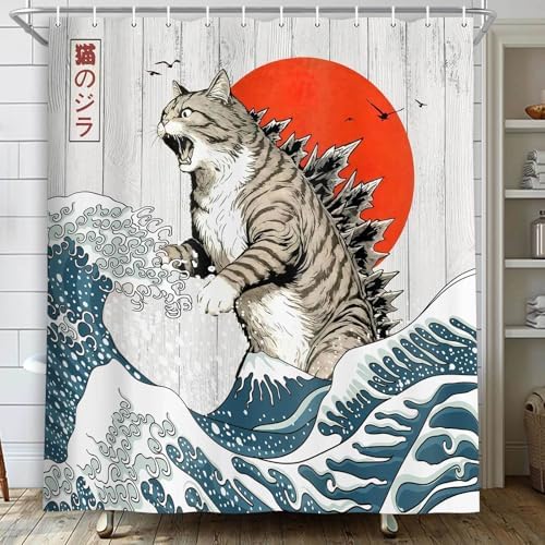 JAWO Funny Cat Shower Curtain, Japanese Ocean Wave Cat Fun Shower Curtain Nautical Kids Children Rustic Wooden Farmhouse Shower Curtains, 36X72inch