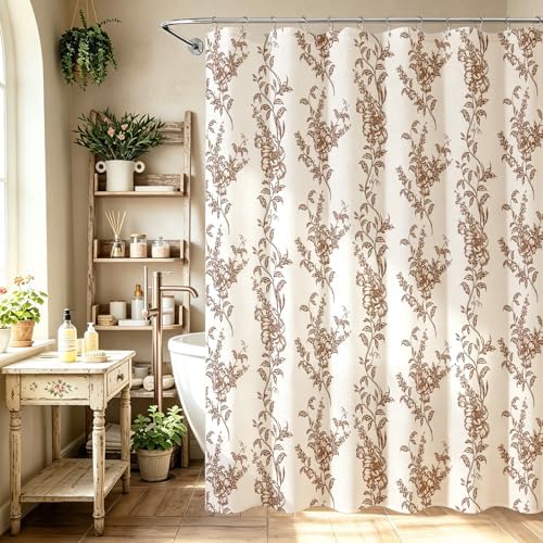 Brown Linen Farmhouse Shower Curtain, Boho Floral Bathroom 72x78
