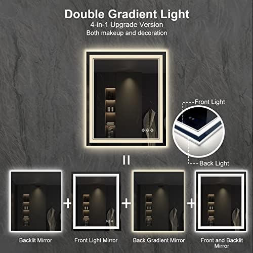 Lighted Mirror, 30x36 Inch Gradient Front and Backlit LED Mirror, 3 Colors Dimmable CRI>90 Double Lights, IP54 Enhanced Anti-Fog, Hanging Plates Wall Mount LED Bathroom Mirror