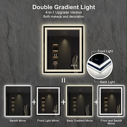 Lighted Mirror, 30x36 Inch Gradient Front and Backlit LED Mirror, 3 Colors Dimmable CRI>90 Double Lights, IP54 Enhanced Anti-Fog, Hanging Plates Wall Mount LED Bathroom Mirror