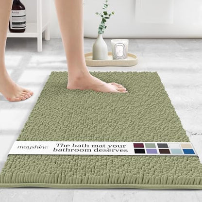 MAYSHINE Standard Plush Shaggy Chenille Bath Mat 32"x20" Extra Soft, Super Absorbent, Non-Slip Bathroom Rug | Fluffy Microfiber, Area Rug Sets for Bathroom Floor, Kitchen, Living Room | Sage Green