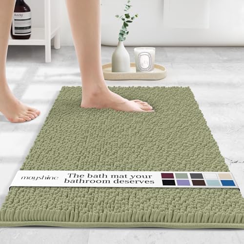 MAYSHINE Small Plush Shaggy Chenille Bath Mat 24"x17" Extra Soft, Super Absorbent, Non-Slip Bathroom Rug | Fluffy Microfiber, Area Rug Sets for Bathroom Floor, Kitchen, Living Room | Sage Green