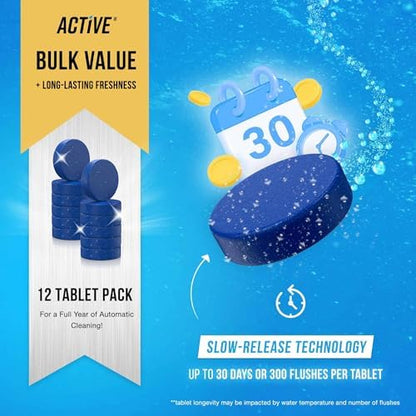 ACTIVE Automatic Toilet Bowl Cleaner Tablets Blue Gel Toilet Tank Cleaners, Septic-Safe Hard Water Ring Stain Remover, Smell Eliminator Heavy Duty Toilet Cleaning & Deodorizer, Fresh Scent - 12 Tabs