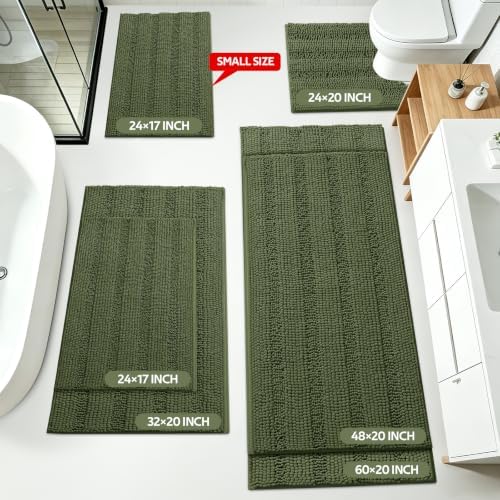 ACCUMTEK Christmas Striped Olive Green Toilet Bathroom Rug Mat Set 2 piece Rug Ultra Soft, Non Slip Chenille Bath Rugs, Absorbent Plush Shaggy Bath Mats for Bathroom, Bedroom, Kitchen, Shower, Tub