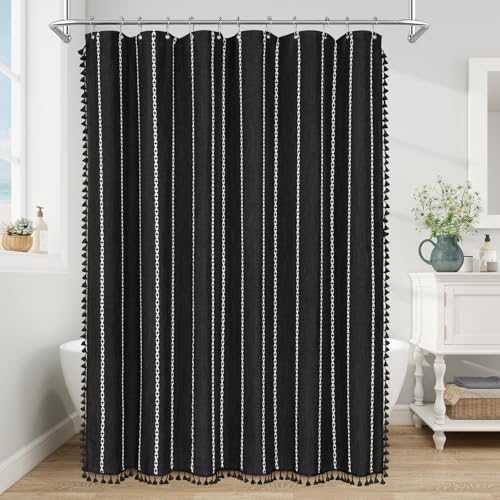Boho Farmhouse Tassel Linen Shower Curtain,3D Embroidery Stripe Black,36x72
