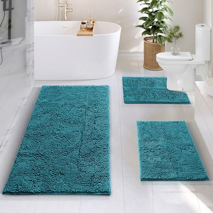 Hearth & Harbor Bathroom Rugs, Chenille Bath Mat - Machine Washable Bath Mats for Bathroom Non-Slip Backing Rubber, Quick Dry Mat - Teal Blue Bath Rug, 17x24-26x44-20x24